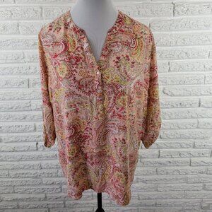 Basic Editions XXL Plus Women's Top Pink Yellow Paisley V-Neck Roll Tab PAI29E